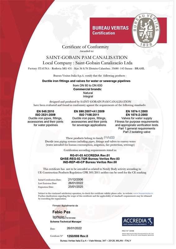 Certificado de conformidad Bureau Veritas para conexiones y válvulas de hierro dúctil Saint-Gobain PAM